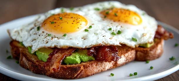 Avocado Toast with a Fried Egg and bacon on top 